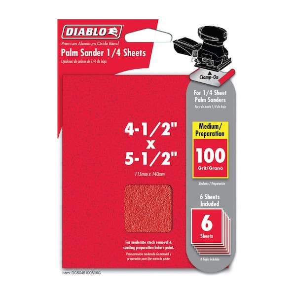 Diablo 5-1/2 in. L X 4-1/2 in. W 100 Grit Aluminum Oxide 1/4 Sheet Sandpaper 6 pk DCS045100S06G - main